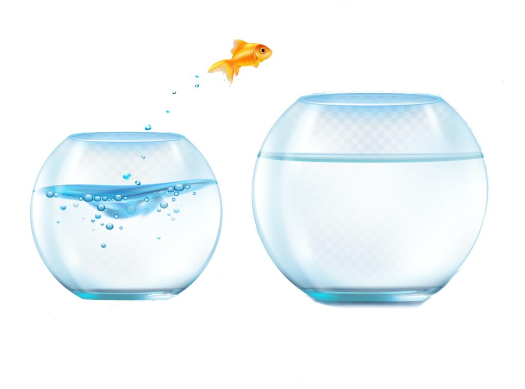 Fish jumping out bowl composition with realistic image of goldfish and two similar aquariums inflated with water vector illustration